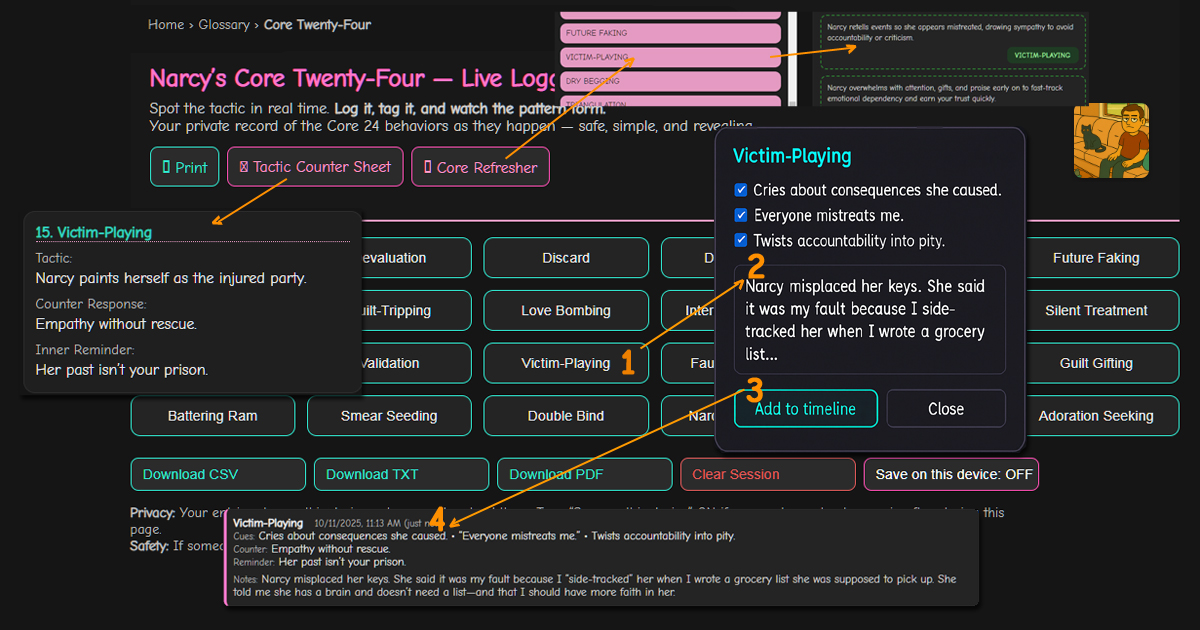 Three connected panels show NarcyNarc’s Core 24 tools in action:
the Live Logger journal with timestamp and typed entry,
the Counter Sheet with tactic–counter–reminder layout,
and the Refresher drag-and-drop board with the term ‘Victim-Playing’ highlighted in teal.
The dark interface glows with pink and teal accents, showing awareness in motion.